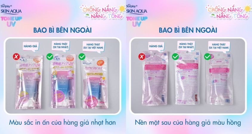 Hàng giả có màu sắc in ấn nhạt hơn, đường dập túi không sắc nét, nền mặt sau màu hồng.