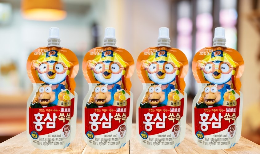 Combo 4 túi nước ép trái cây Pororo hồng sâm vị cam 100 ml (từ 1 tuổi)