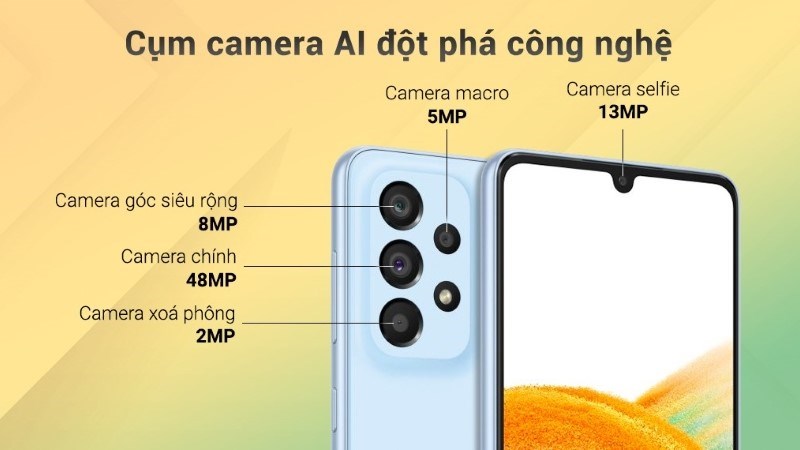 Điện thoại Samsung Galaxy A33 5G 6GB được trang bị 4 camera với nhiều tính năng đặc biệt xóa phông, time lapse Điện thoại Samsung Galaxy A33 5G 6GB được trang bị 4 camera với nhiều tính năng đặc biệt xóa phông, time lapse
