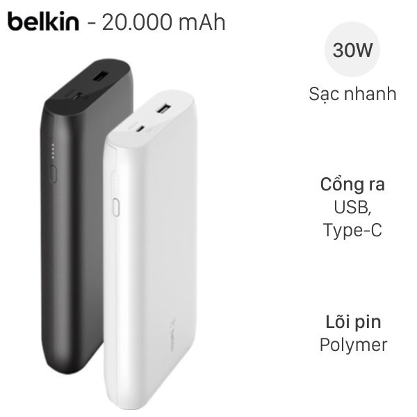 Pin sạc dự phòng Polymer 20.000 mAh Type C 30W PD Belkin Pocket Power BPB002 