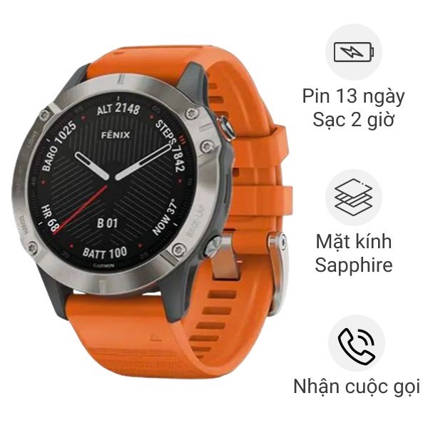 Đồng hồ thông minh Garmin Fenix 6 Pro dây silicone viền Titanium 