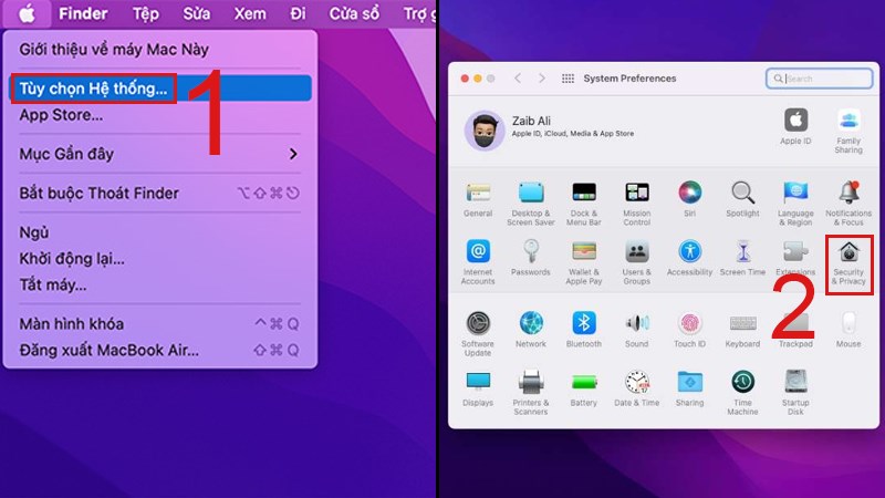 Chọn T&ugrave;y chọn hệ thống, nhấn v&agrave;o Bảo mật & Quyền ri&ecirc;ng tư