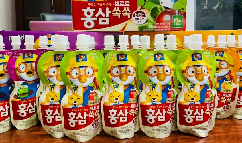 Combo 4 túi nước ép trái cây Pororo hồng sâm vị táo, mơ 100 ml (từ 1 tuổi)