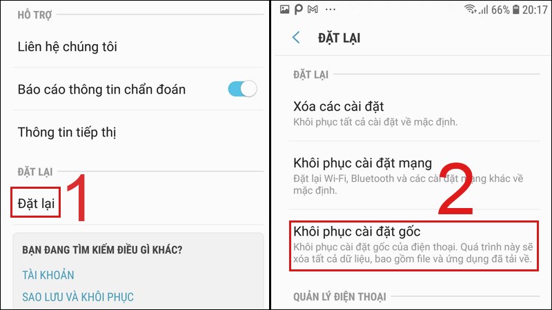 Chọn Đặt lại, chọn Kh&ocirc;i phục c&agrave;i đặt gốc