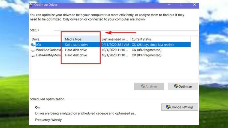 Cửa sổ Optimize drives hiện l&ecirc;n bạn kiểm tra ở cột Media type