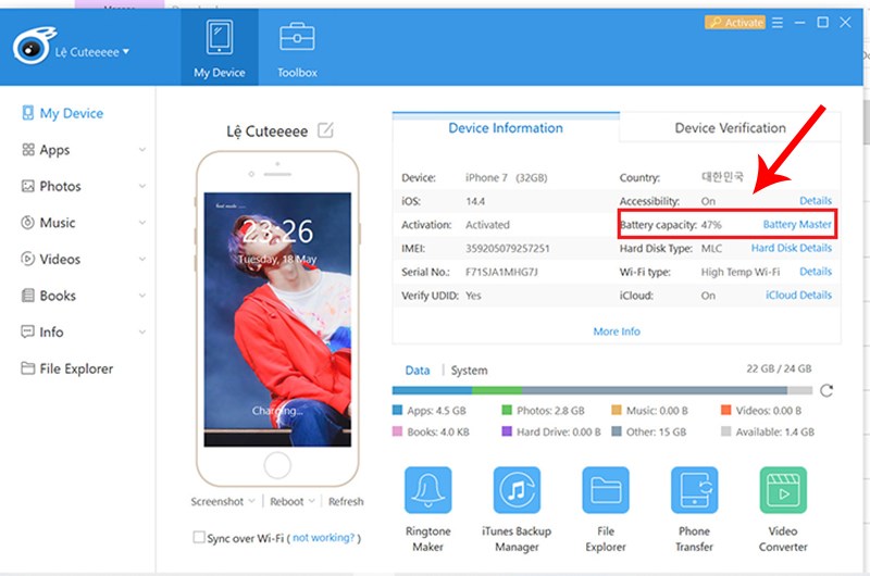 Chọn vào phần Battery Capacity Chọn vào phần Battery Capacity