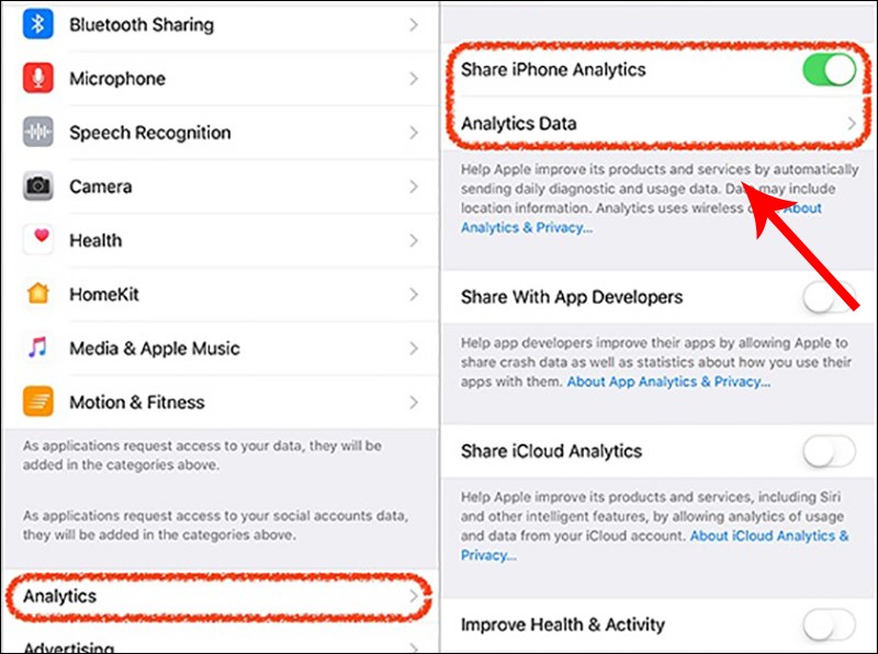 Chọn vào Analytics và bật mục Share iPhone Analytics Chọn vào Analytics và bật mục Share iPhone Analytics
