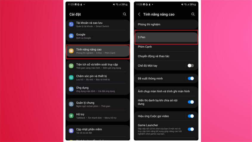 Cài đặt (Settings) > Tính năng cao cấp (Advanced Features) > S Pen