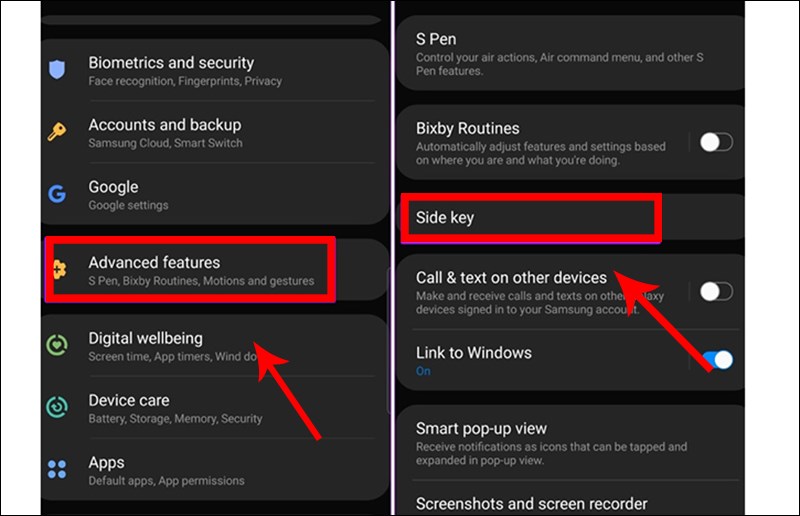 Nhấn chọn Advanced Feature và chọn Side Key