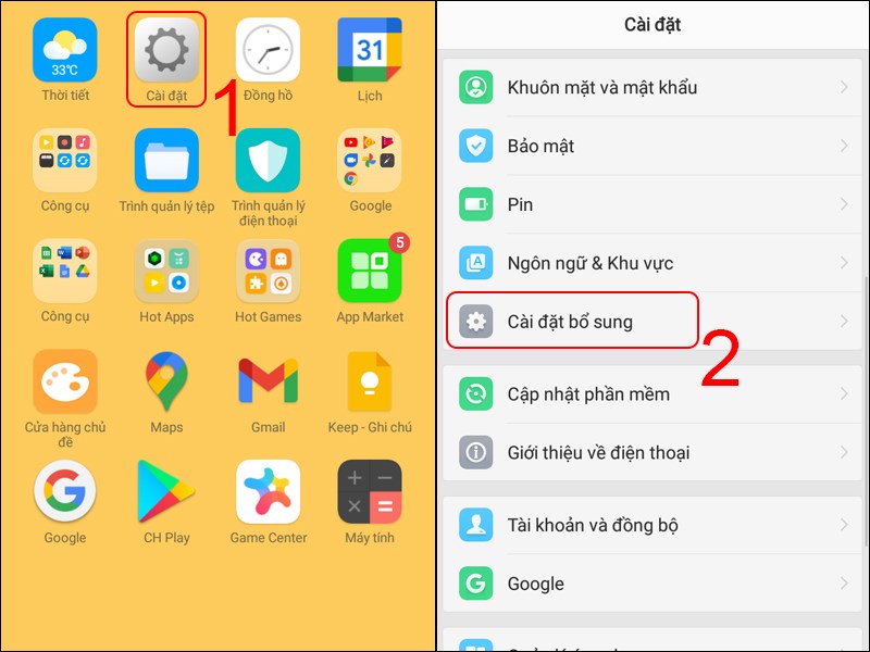 V&agrave;o C&agrave;i đặt, chọn C&agrave;i đặt bổ sung