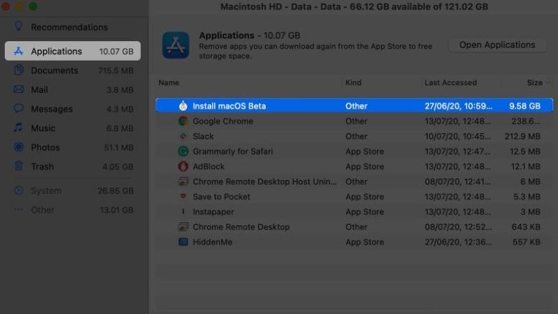 Chọn Applications v&agrave; chọn ứng dụng kh&ocirc;ng cần thiết v&agrave; sau đ&oacute; bấm v&agrave;o Delete