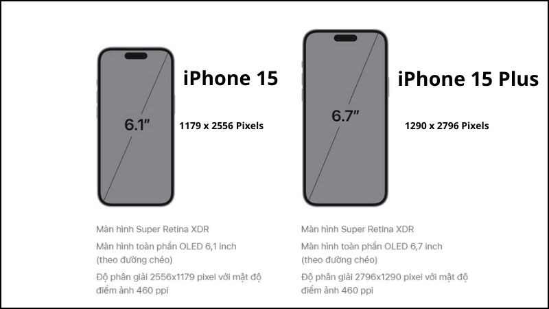 Sự kh&aacute;c biệt về th&ocirc;ng số m&agrave;n h&igrave;nh giữa iPhone 15 v&agrave; iPhone 15 Plus