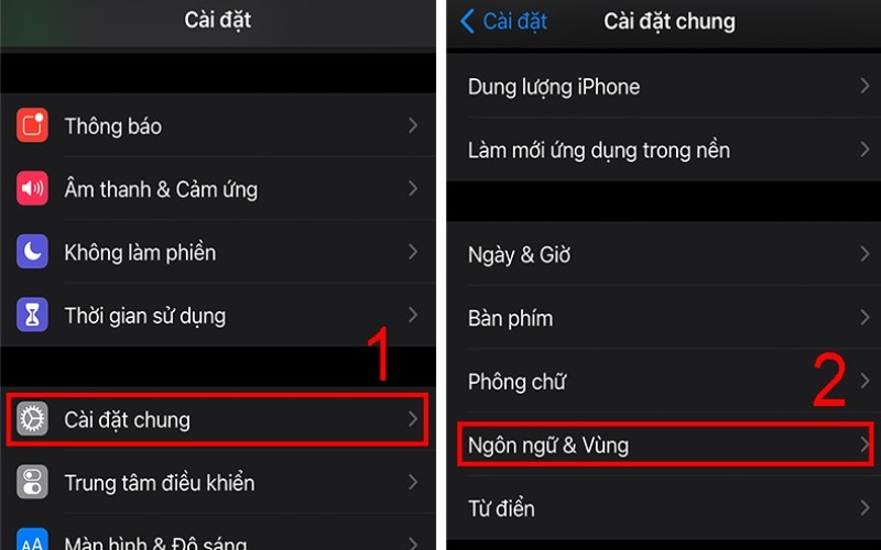 V&agrave;o C&agrave;i đặt > C&agrave;i đặt chung > Ng&ocirc;n ngữ & V&ugrave;ng