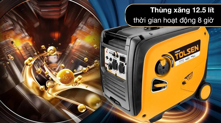 Máy phát điện chạy xăng Tolsen 79988 3500W cho phép bạn sử dụng suốt 8 giờ liên tục