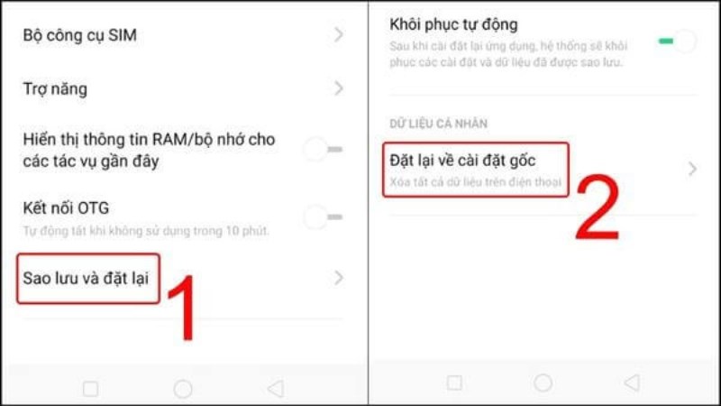 Chọn Sao lưu v&agrave; đặt lại > Chọn Đặt lại về c&agrave;i đặt gốc