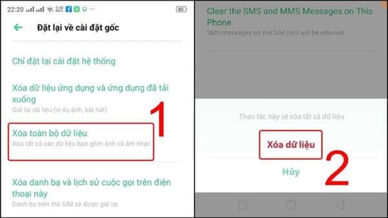 Chọn X&oacute;a to&agrave;n bộ dữ liệu > X&aacute;c nhận X&oacute;a dữ liệu