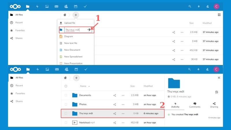Chọn dấu mũi t&ecirc;n > Thư mục mới được tạo th&agrave;nh c&ocirc;ng