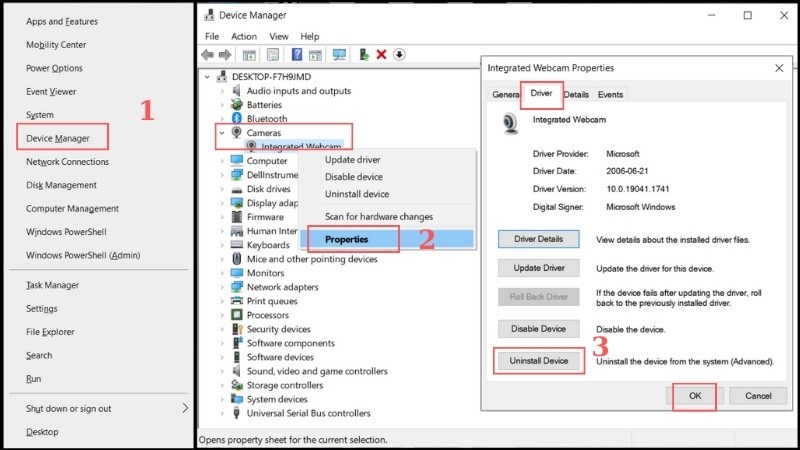 Mở tab Driver chọn Uninstall Device > OK để gỡ tr&igrave;nh điều khiển