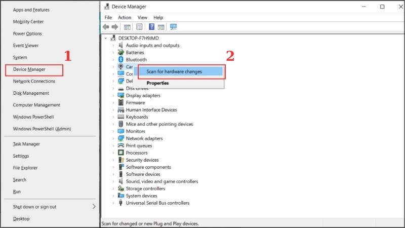 V&agrave;o lại Device Manager > chuột phải > Scan for Hardware changes