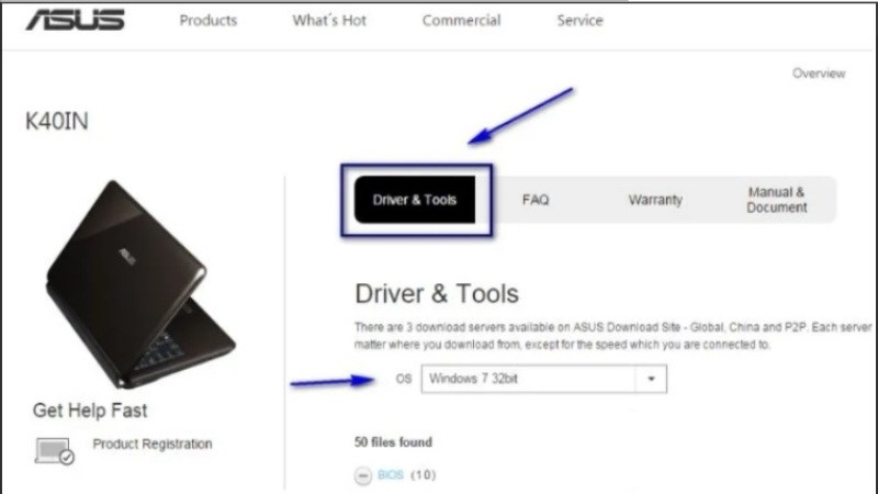 Chọn Driver & Tools > chọn phi&ecirc;n bản Windows ph&ugrave; hợp với laptop tại mục OS 