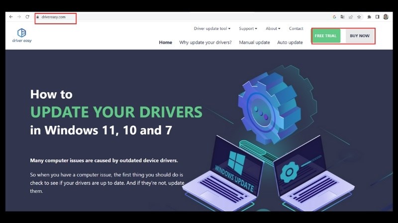 Truy cập v&agrave;o đường link drivereasy.com v&agrave; Free Trial hoặc Buy now để tải về laptop 