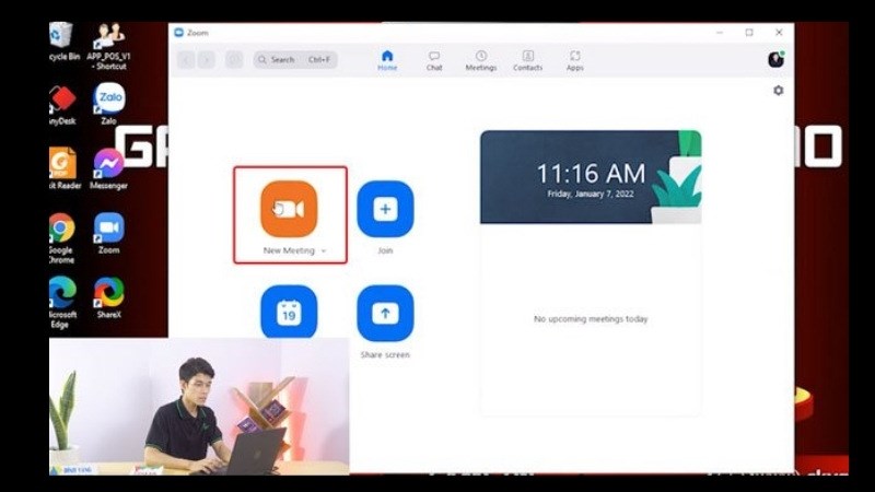 V&agrave;o ứng dụng Zoom > New meeting để tạo ph&ograve;ng học mới 