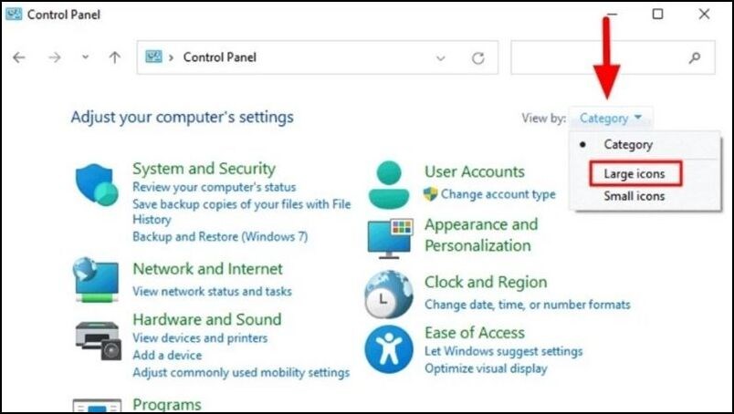 Nhấn v&agrave;o menu View by v&agrave; chọn Large icons ở trong danh s&aacute;ch