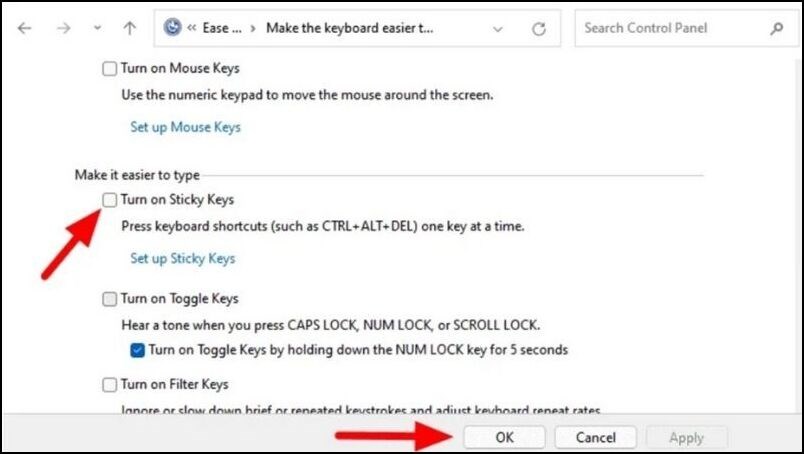 Bỏ tick ở trong &ocirc; Turn on Sticky Keys v&agrave; nhấn v&agrave;o n&uacute;t OK để tắt Sticky Keys