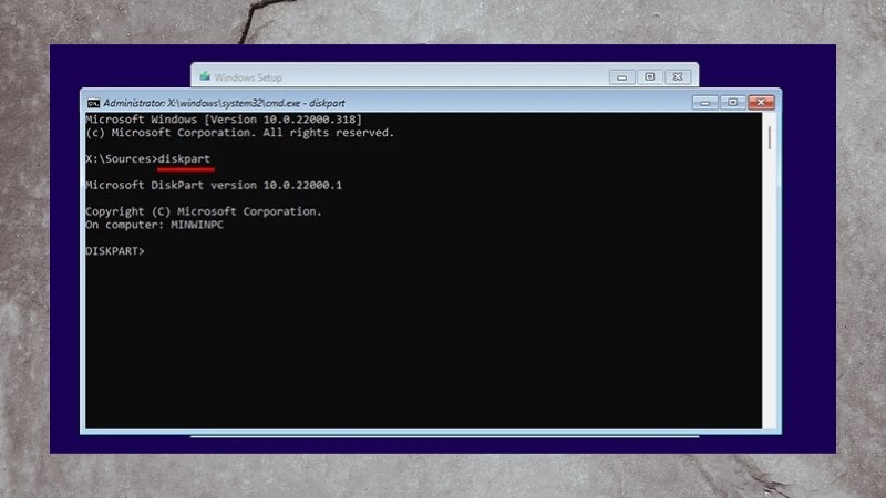 Nhập lệnh diskpart trong cửa sổ Command Prompt