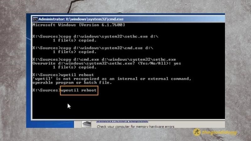Nhập wpeutil reboot theo hướng dẫn
