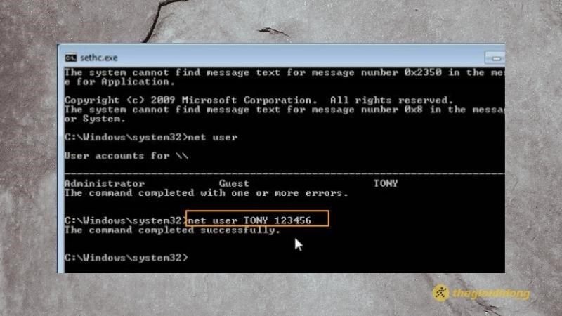 Cú pháp: net user [Tên người dùng] [Mật khẩu mới]