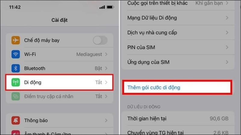 Vào Cài đặt > Chọn Di động > Chọn Thêm gói cước di động