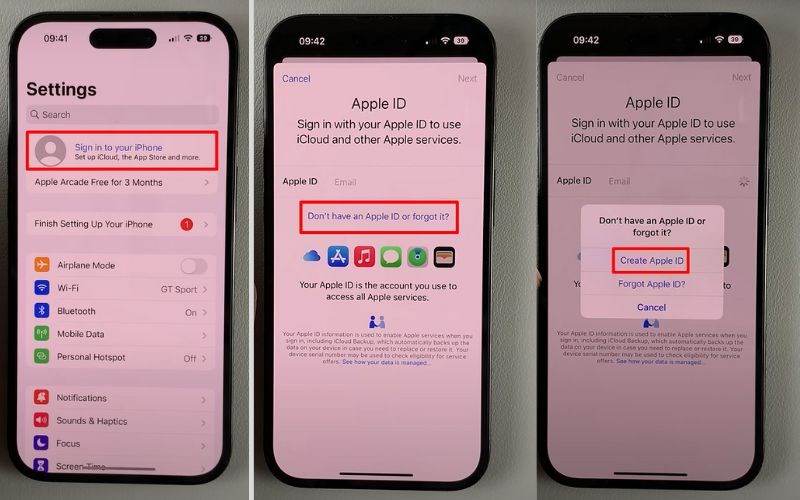 Chọn Đăng nhập vào iPhone > Bạn không có ID Apple hoặc đã quên? > Tạo ID Apple