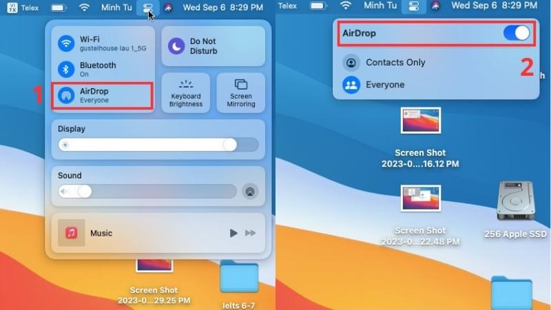 Tại thanh menu chọn Control Center > Chọn biểu tượng AirDrop