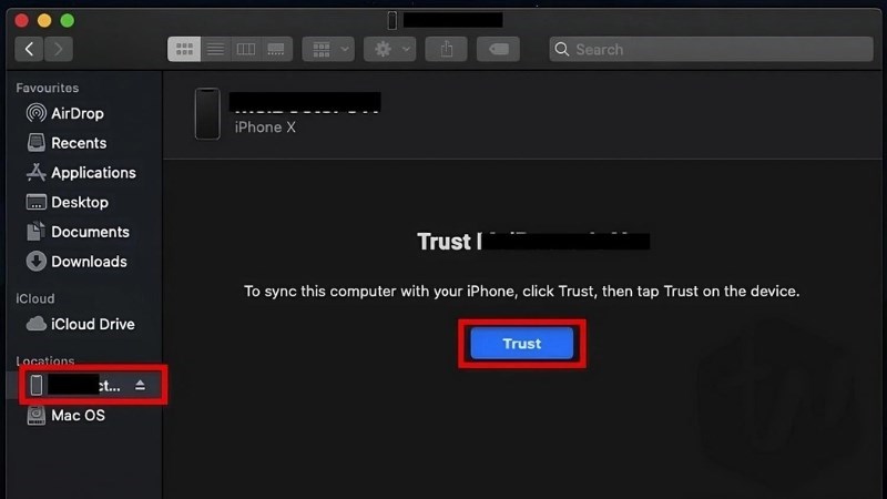Khởi động Finder > Chọn Locations > Chọn iPhone > Chọn Trust 
