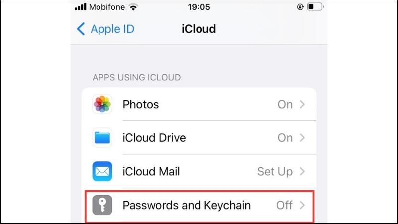Bật Passwords and Keychain