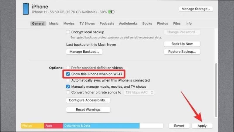 Chọn General > Chọn Show this iPhone when on Wifi > Bấm n&uacute;t Apply