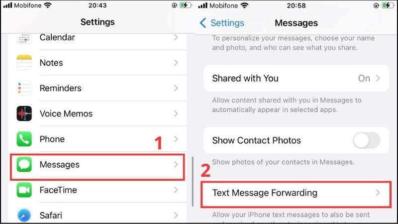 Nhấn v&agrave;o mục Text Message Forwarding
