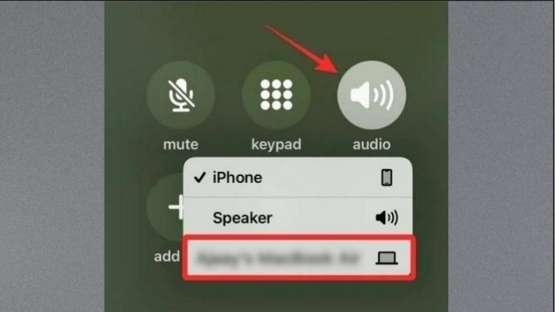 Nhấn v&agrave;o biểu tượng c&aacute;i loa tr&ecirc;n m&agrave;n h&igrave;nh cuộc gọi > Chọn MacBook