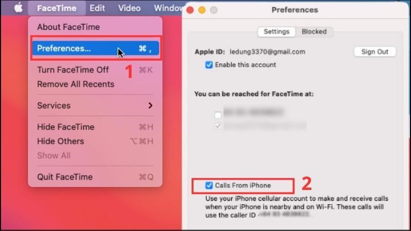 Truy cập menu FaceTime > Preferences > Settings > Calls From iPhone