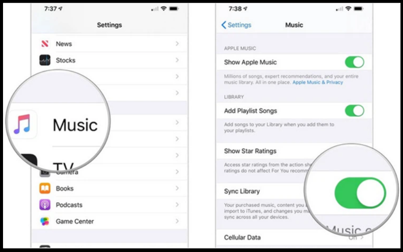 V&agrave;o C&agrave;i đặt > Music > Bật Sync Library