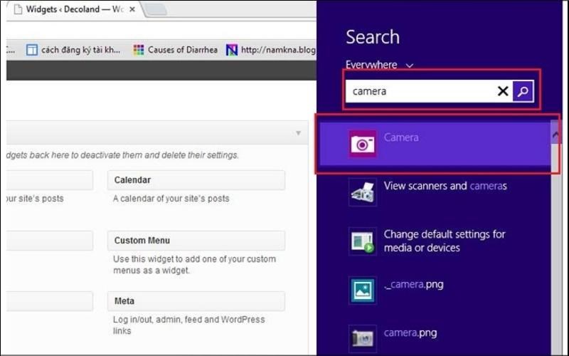 Mở thanh Search, sau đó gõ từ khóa camera