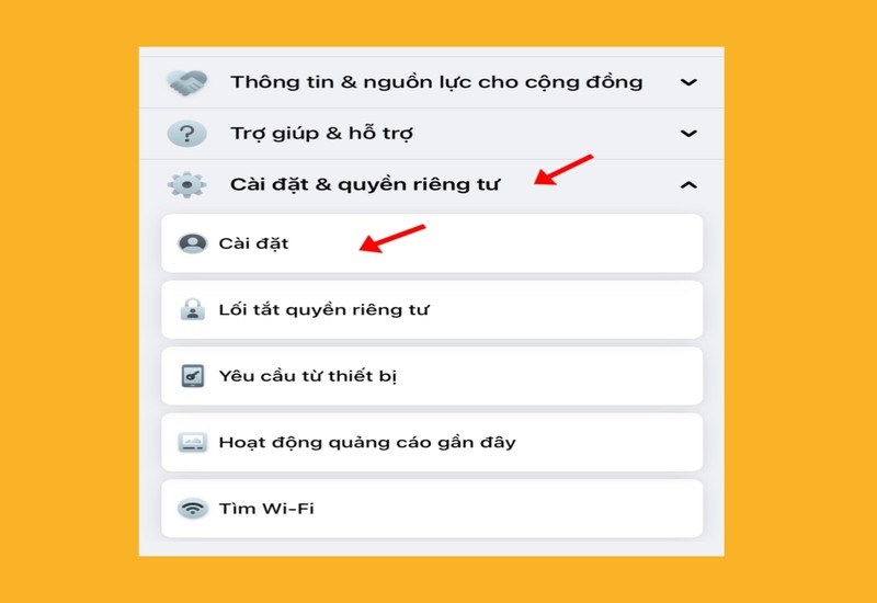 Bấm chọn C&agrave;i đặt & quyền ri&ecirc;ng tư, sau đ&oacute;, bấm chọn C&agrave;i đặt