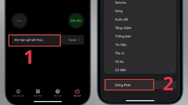 Bấm vào mục Khi hẹn giờ kết thúc > Chọn Dừng phát Bấm vào mục Khi hẹn giờ kết thúc > Chọn Dừng phát