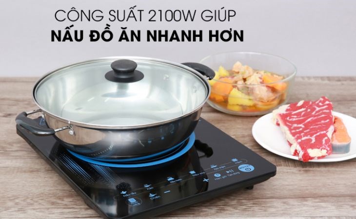 Bếp từ Midea MI-T2117DC(C)có màu đen, họa tiết màu xanh nổi bật, sang trọng
