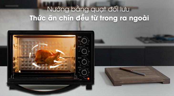 Lò nướng Panasonic NB-H3801KRA 38 lít được tích hợp quạt đối lưu nên nhiệt độ có thể tỏa đều khắp lò, giúp món nướng chín nhanh và đều hơn