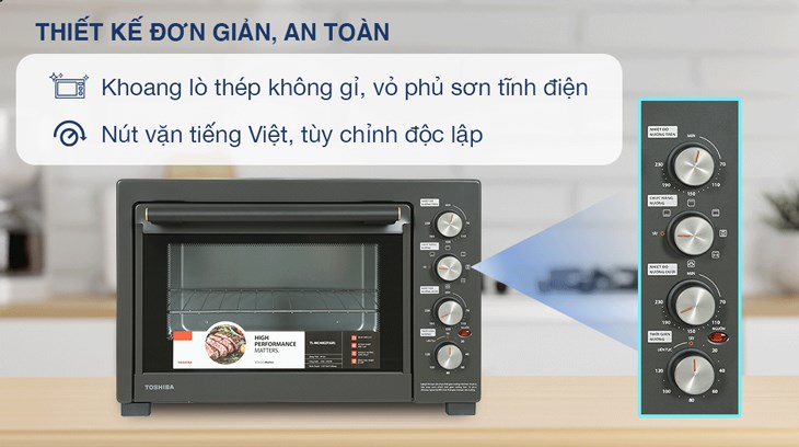 Khoang lò nướng Toshiba TL-MC40EZF(GR) 40 lít được làm bằng thép không gỉ phủ sơn tĩnh điện an toàn, dễ vệ sinh