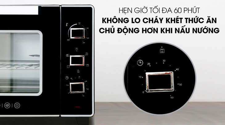 Bạn có thể hẹn giờ nướng tối đa 60 phút trên lò nướng Sanaky VH5099S2D 50 lít để tận dụng thời gian để chế biến hoặc làm những công việc khác