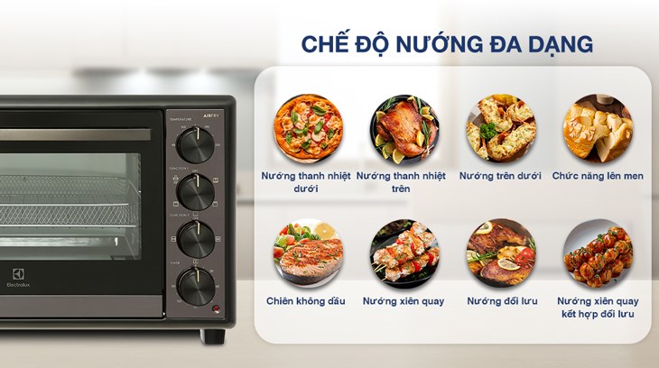 Lò nướng Electrolux EOT4022XFG 40 lít được tích hợp đa dạng chức năng nấu, đáp ứng nhu cầu nấu nướng của gia đình
