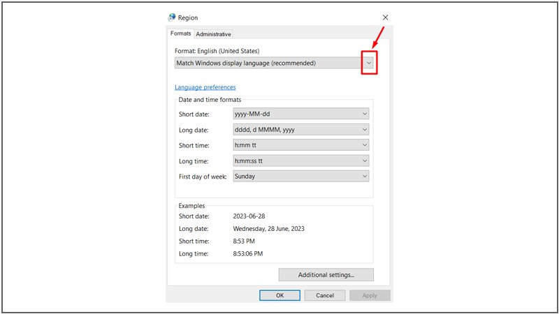 Chọn mũi t&ecirc;n thả xuống tại Match Window display Languages 